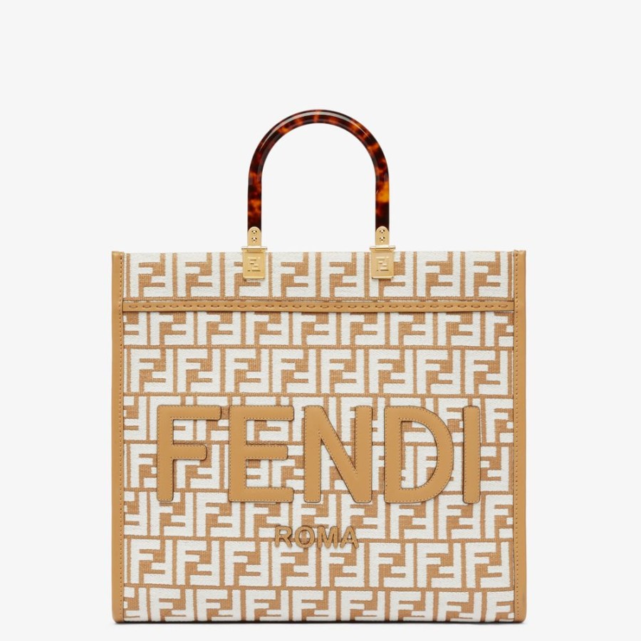 Donna Fendi Borse Tote | Shopper In Rafia Con Motivo Ff In Tessuto Tapestry Bianco