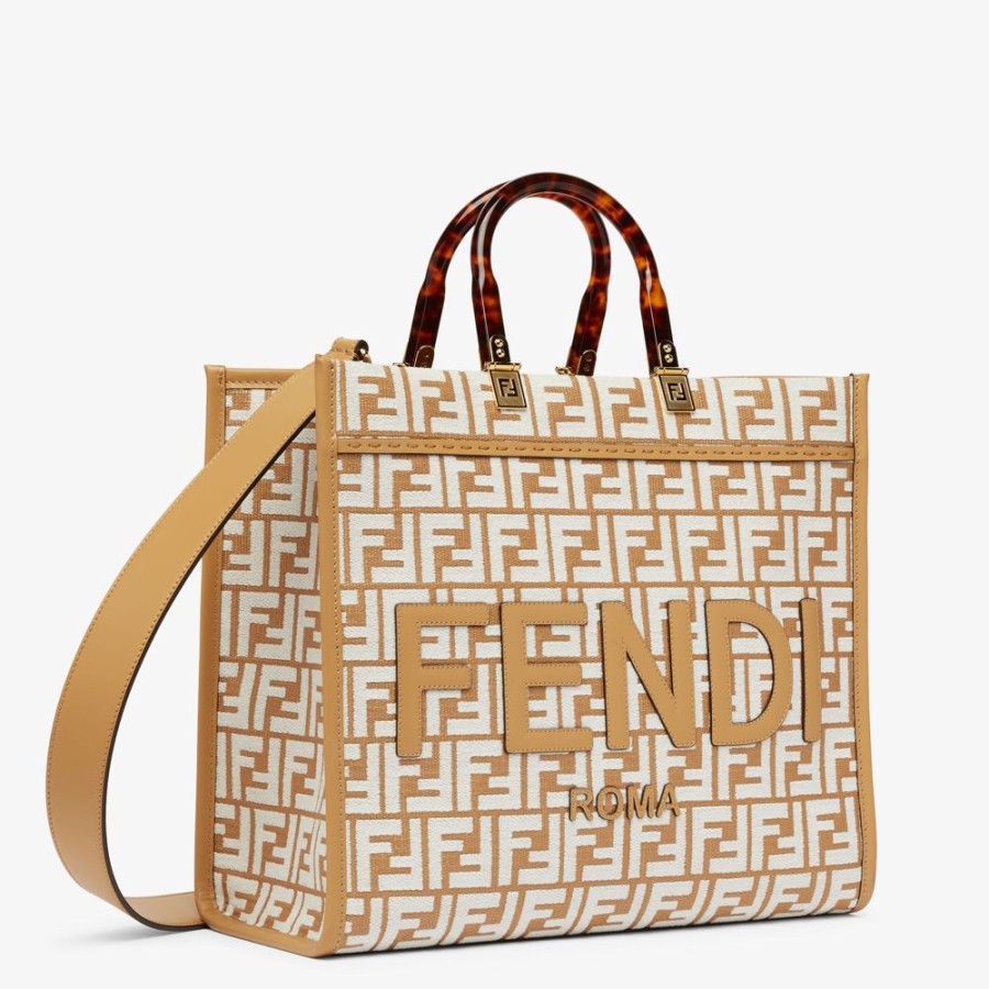 Donna Fendi Borse Tote | Shopper In Rafia Con Motivo Ff In Tessuto Tapestry Bianco