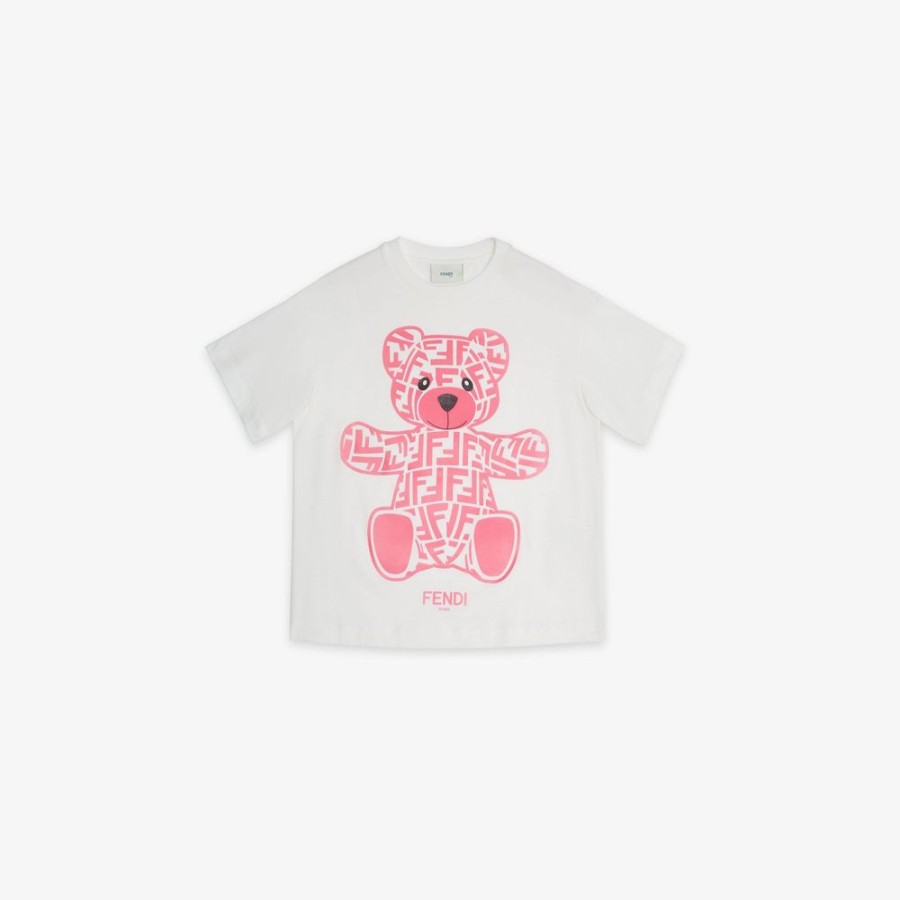 Bambini Fendi Abbigliamento | T-Shirt Junior In Jersey Bianco E Stampa Fucsia