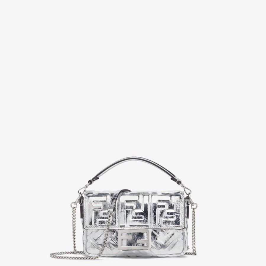 Donna Fendi Borse Mini | Borsa In Pelle Argento Craquele Con Motivo Ff