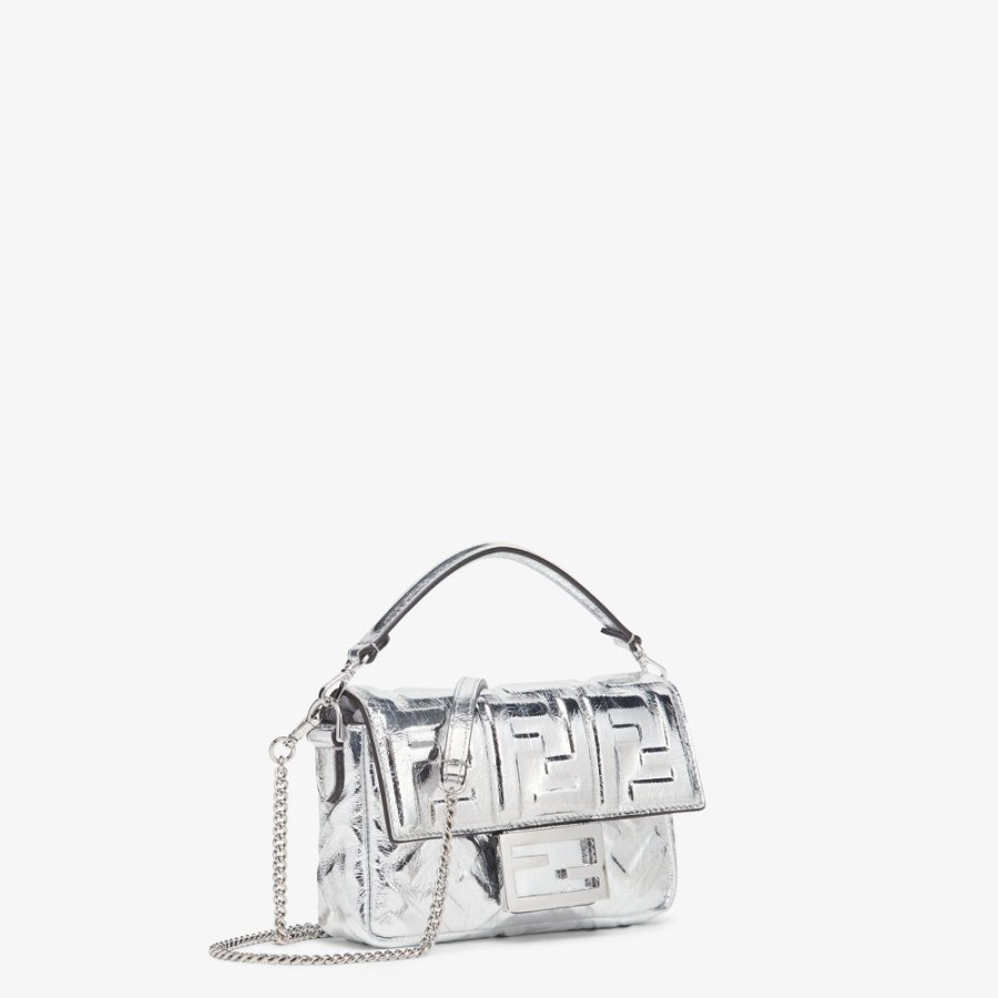 Donna Fendi Borse Mini | Borsa In Pelle Argento Craquele Con Motivo Ff