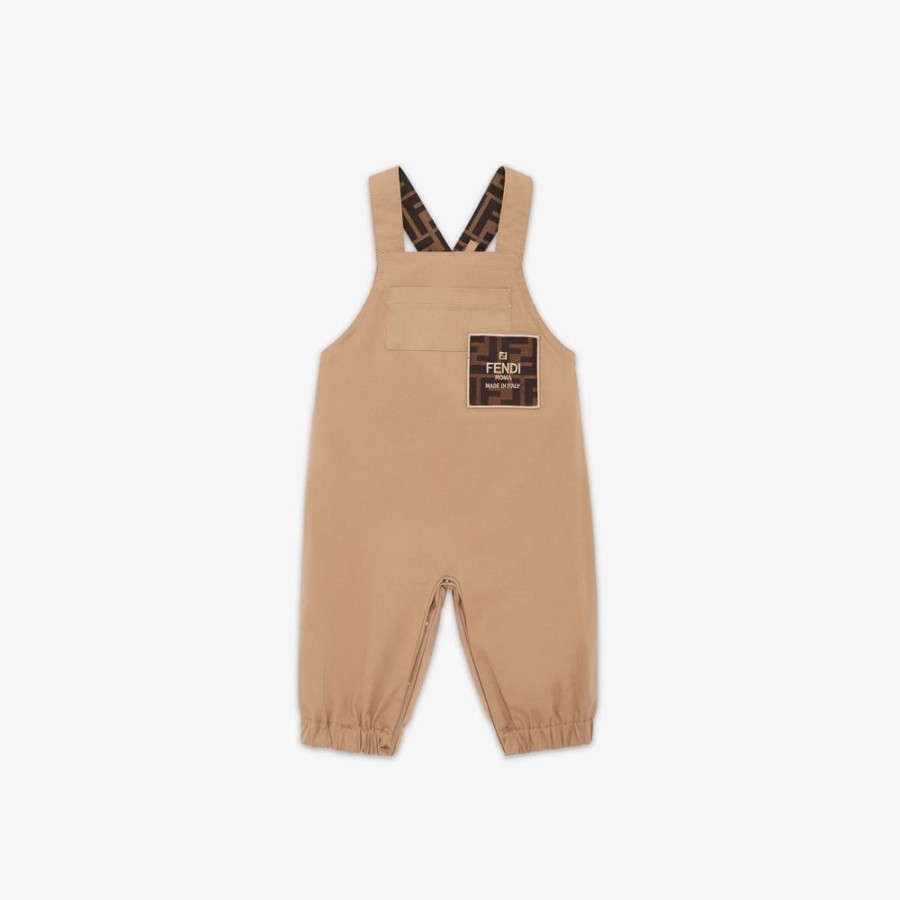 Bambini Fendi Bambina | Tutina Baby In Gabardina Beige Con Patch Tabacco