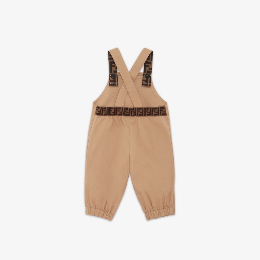 Bambini Fendi Bambina | Tutina Baby In Gabardina Beige Con Patch Tabacco