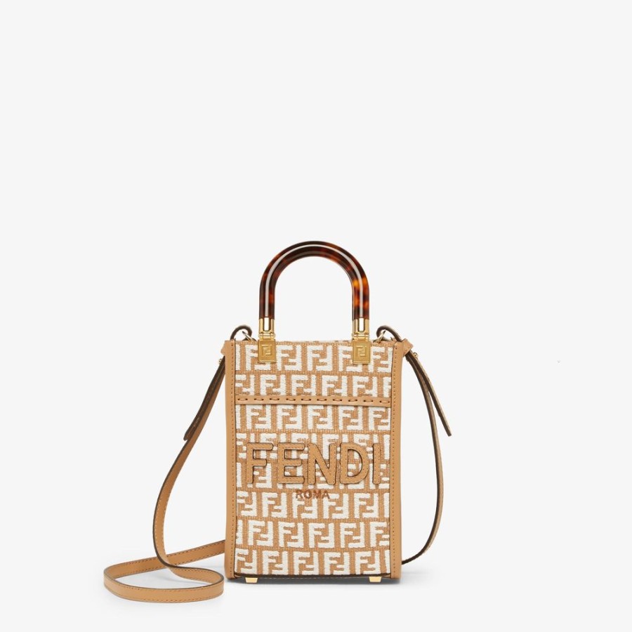 Donna Fendi Borse Mini | Minibag In Rafia Con Motivo Ff In Tessuto Tapestry Bianco