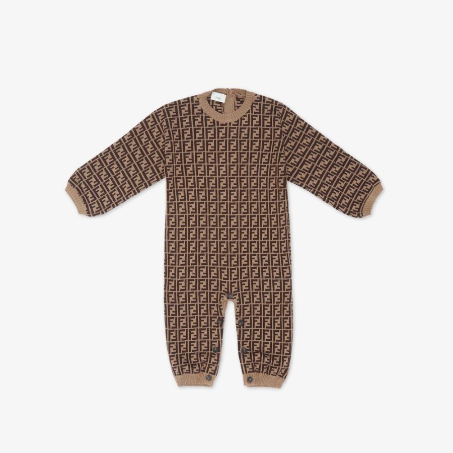 Bambini Fendi Bambina | Tutina Cotone E Cashmere Tabacco