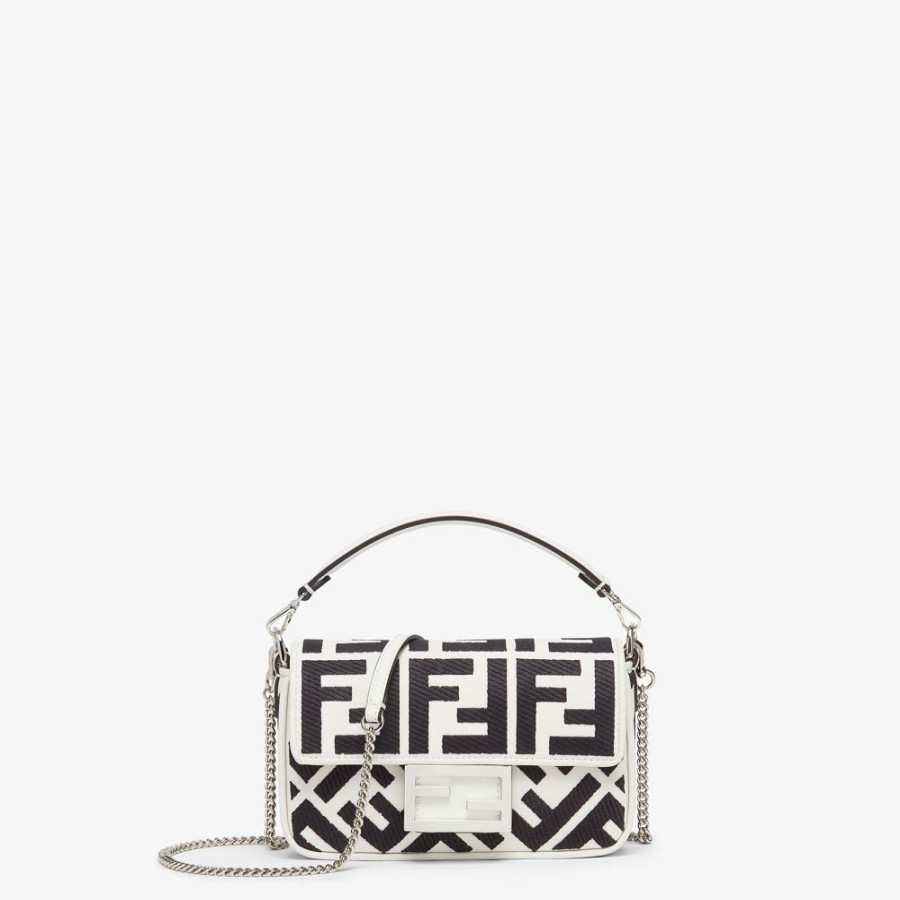 Donna Fendi Borse Mini | Borsa In Canvas Bianca E Nera Con Ricamo Ff