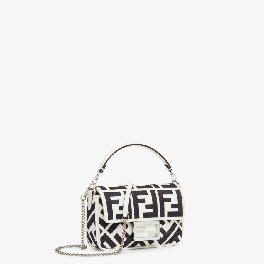 Donna Fendi Borse Mini | Borsa In Canvas Bianca E Nera Con Ricamo Ff