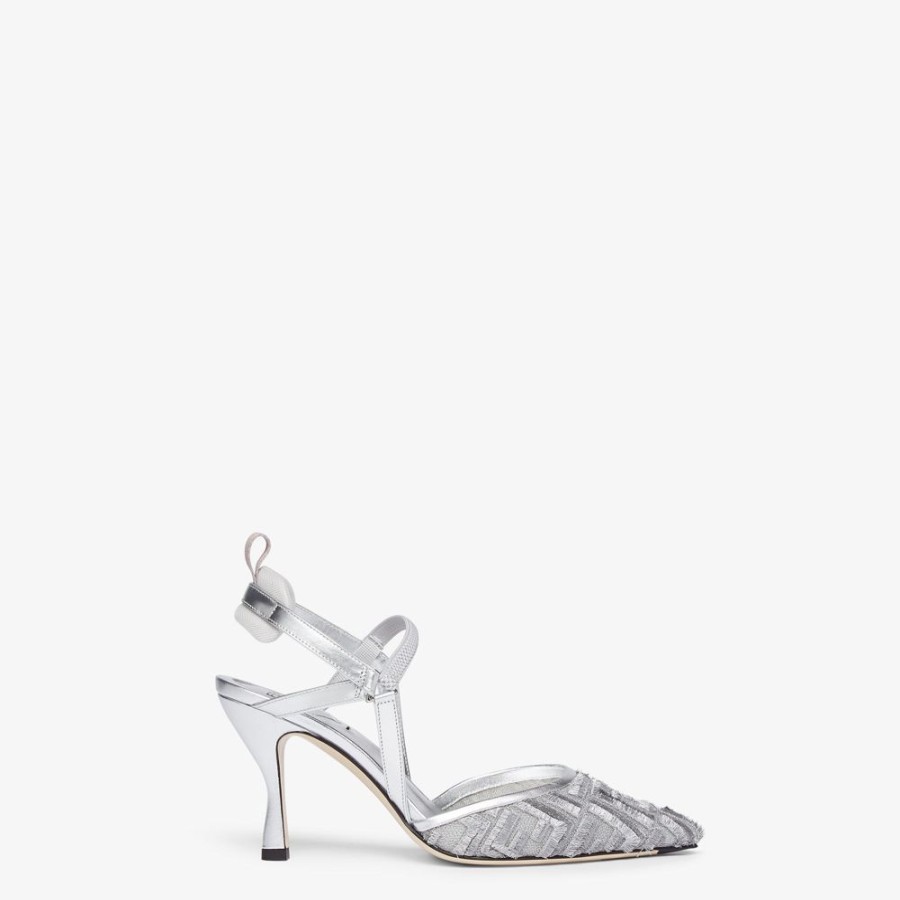 Donna Fendi Decollete | Slingback Tacco Alto In Rete Argento