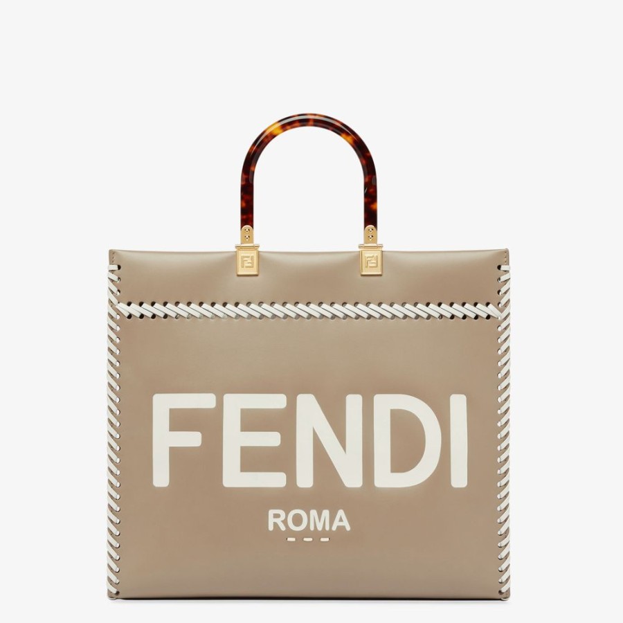 Donna Fendi Borse Tote | Shopper In Pelle Tortora Con Infilature A Contrasto