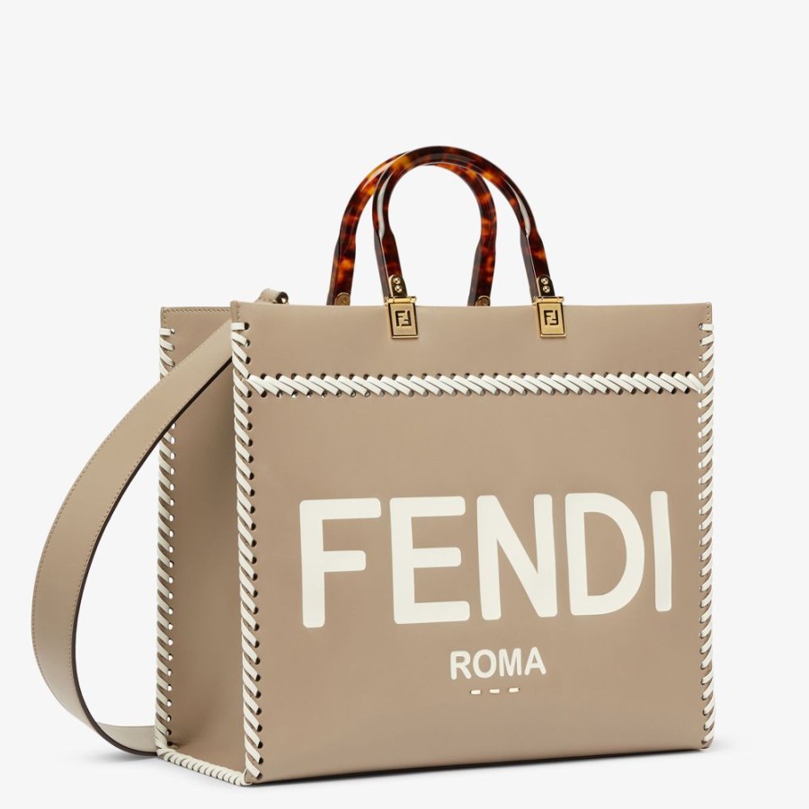 Donna Fendi Borse Tote | Shopper In Pelle Tortora Con Infilature A Contrasto