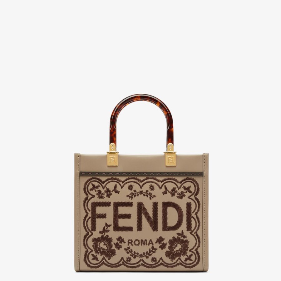 Donna Fendi Borse Tote | Shopper In Pelle Tortora Con Ricamo Floreale