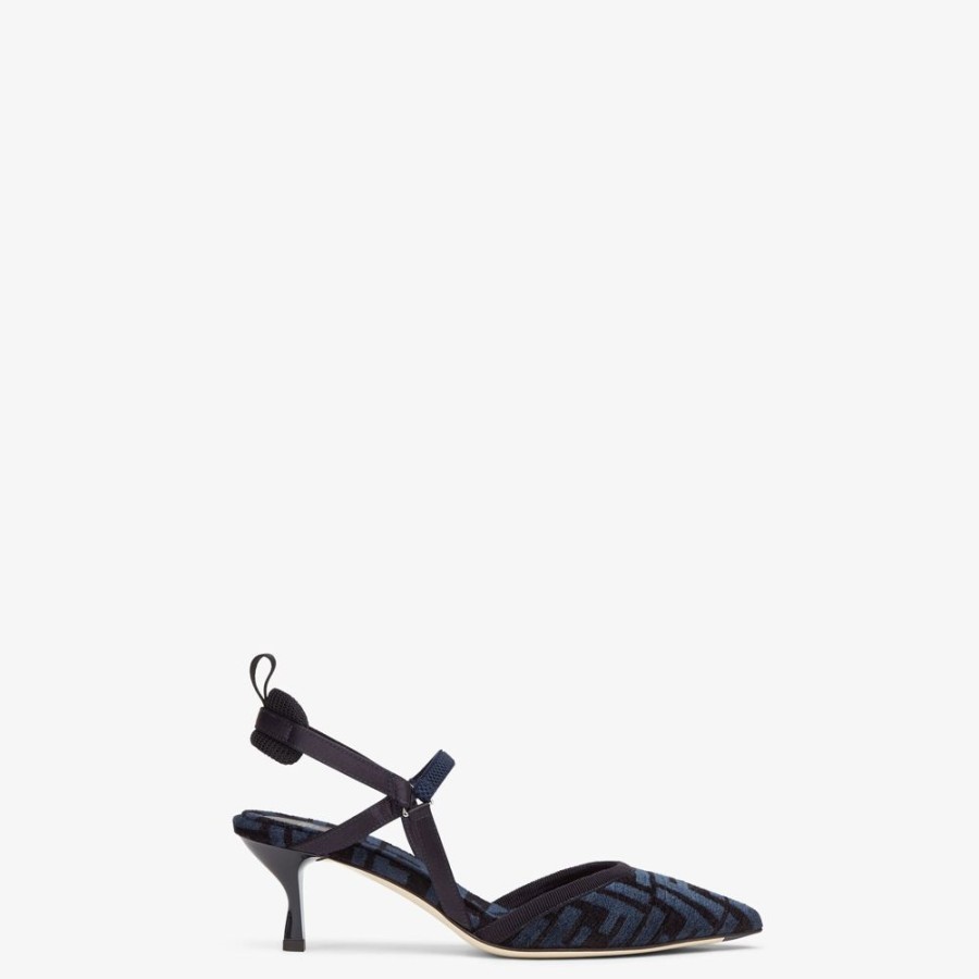 Donna Fendi Decollete | Slingback Tacco Medio In Ciniglia Ff Blu