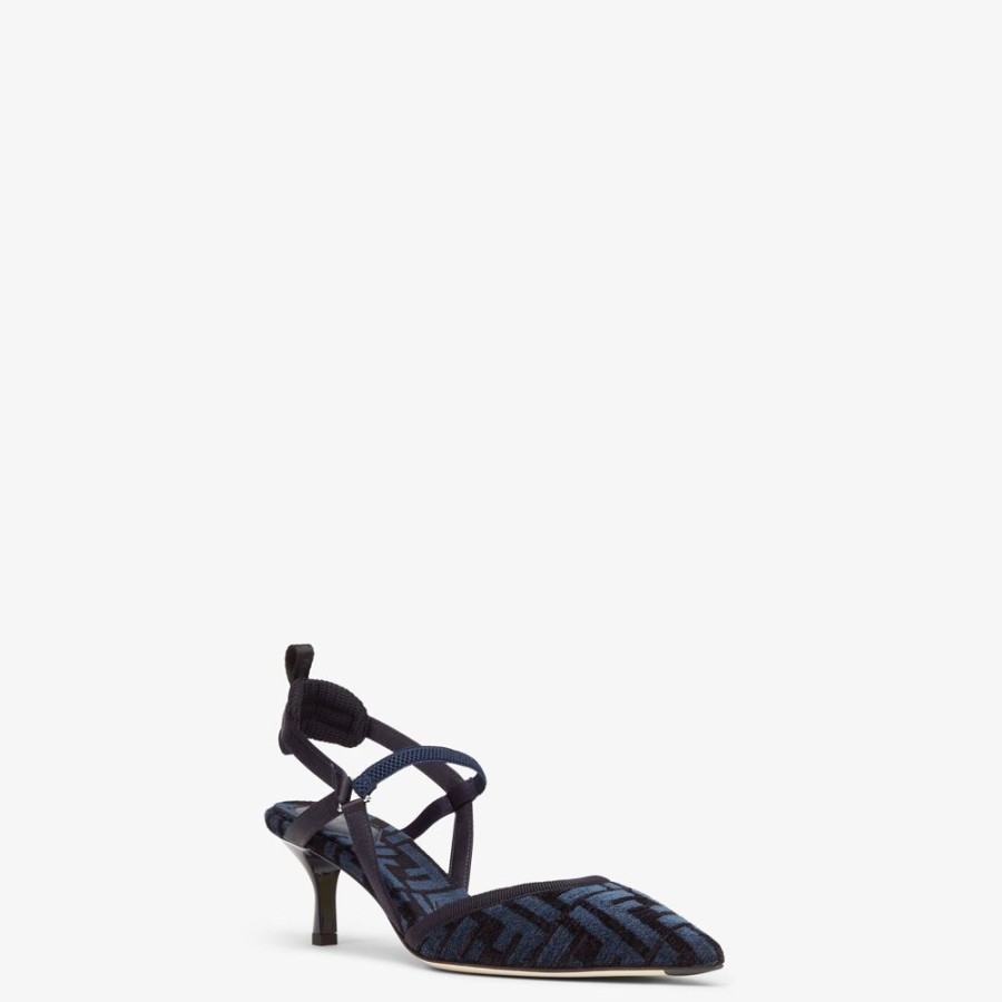 Donna Fendi Decollete | Slingback Tacco Medio In Ciniglia Ff Blu