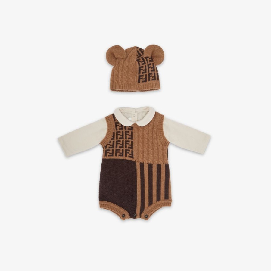 Bambini Fendi Bambina | Kit In Lana E Cashmere Baby Marrone E Tabacco