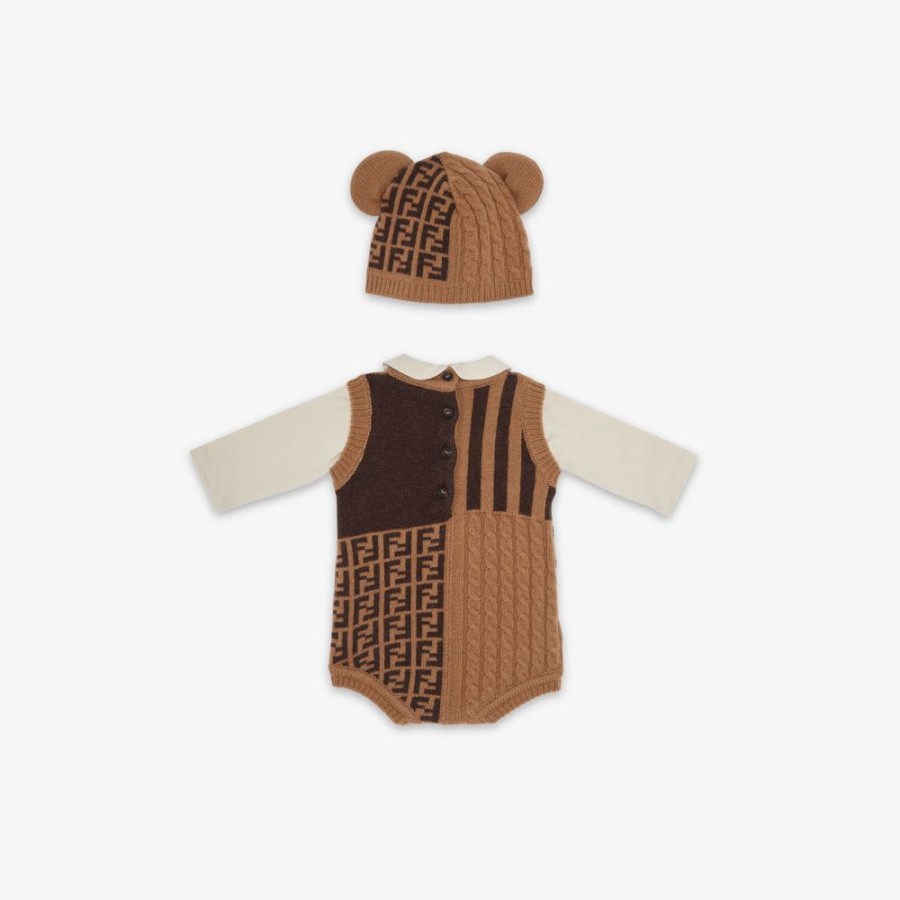 Bambini Fendi Bambina | Kit In Lana E Cashmere Baby Marrone E Tabacco