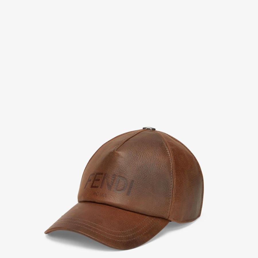 Uomo Fendi Cappelli E Guanti | Baseball Cap In Pelle Marrone