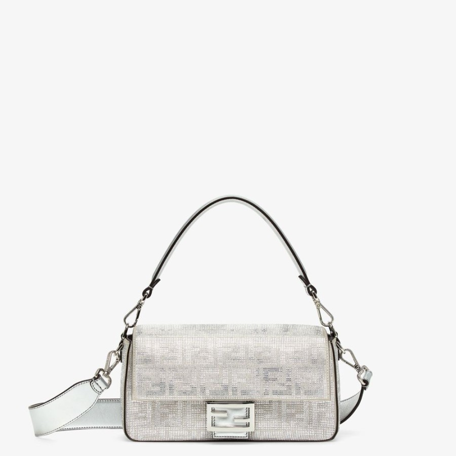 Donna Fendi Borse A Spalla E Tracolle | Borsa In Pelle Argento Con Motivo Ff Di Cristalli