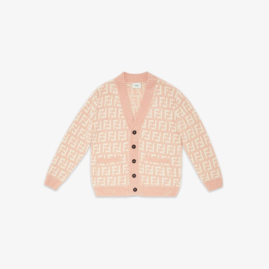 Bambini Fendi Abbigliamento | Cardigan In Ciniglia Color Crema E Rosa