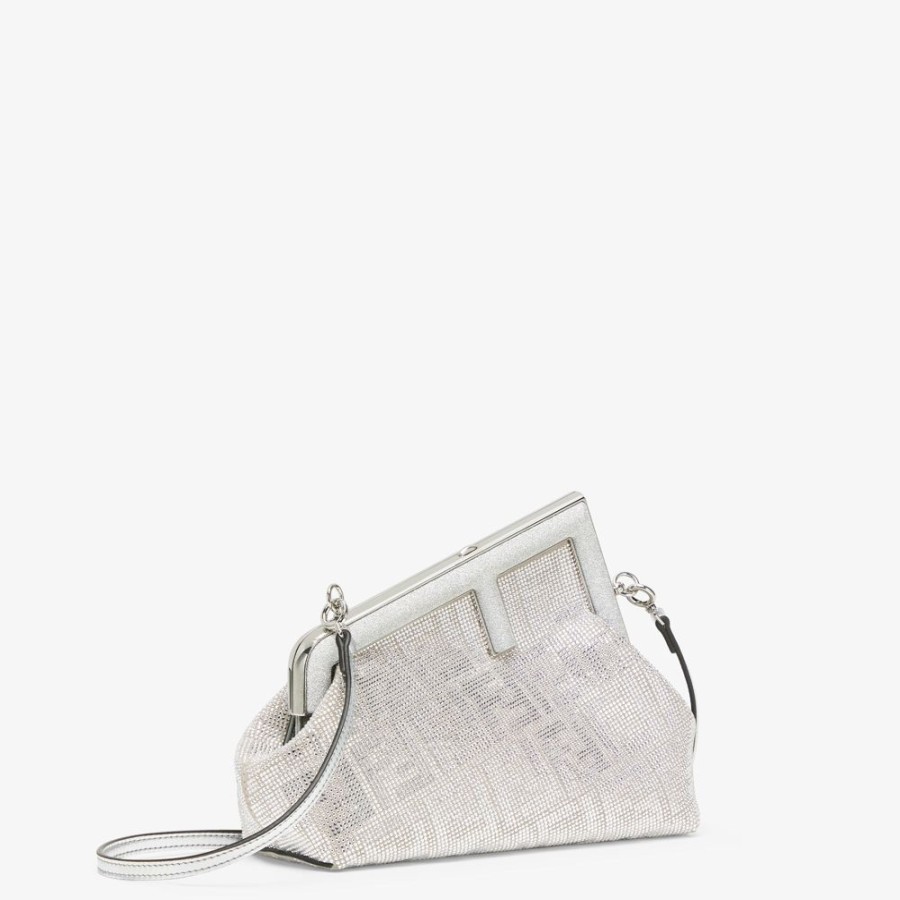 Donna Fendi Clutch E Pochette | Borsa In Pelle Argento Con Motivo Ff Di Cristalli