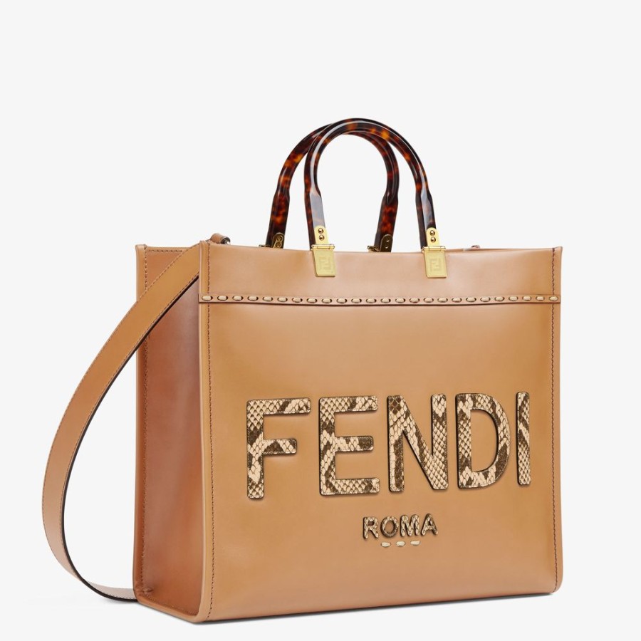 Donna Fendi Pelli Pregiate | Shopper In Pelle Marrone Chiaro Ed Elaphe