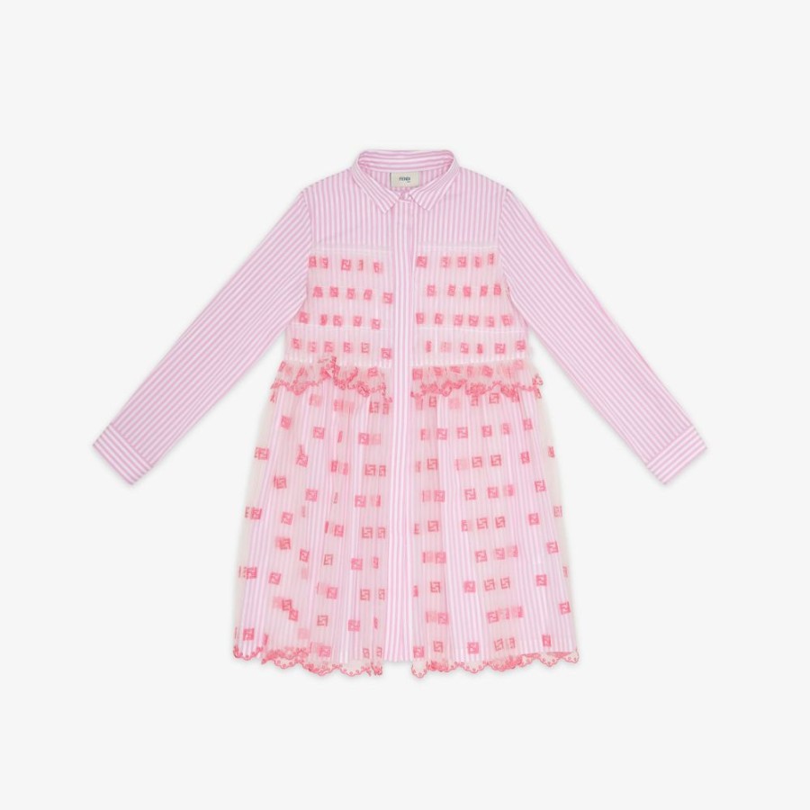 Bambini Fendi Abbigliamento | Abito Junior In Popeline E Tulle Rosa Fluo