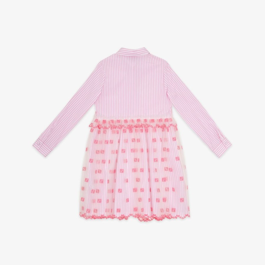 Bambini Fendi Abbigliamento | Abito Junior In Popeline E Tulle Rosa Fluo