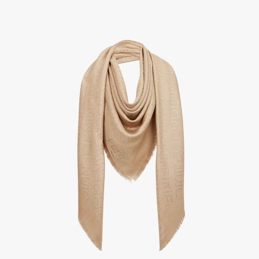 Donna Fendi Sciarpe E Poncho | Scialle In Seta E Lana Beige