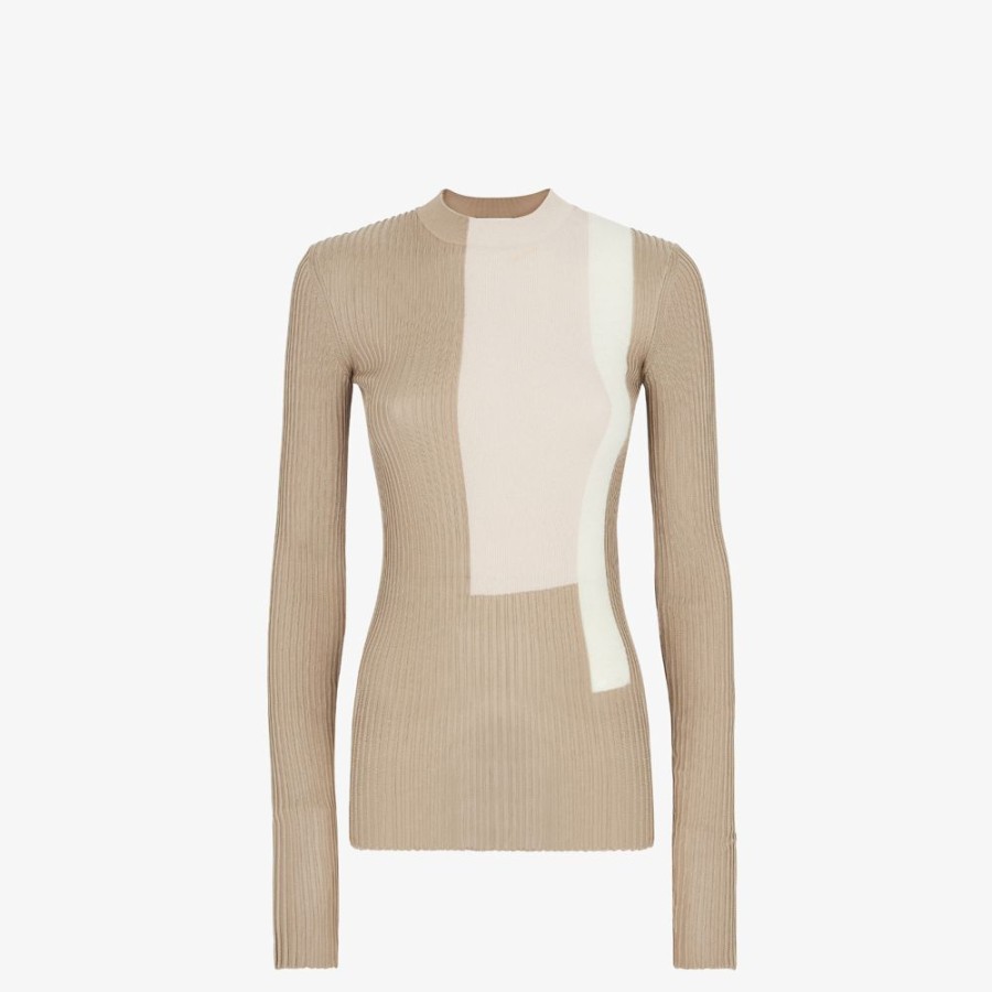 Donna Fendi Maglieria | Top In Seta E Viscosa Beige