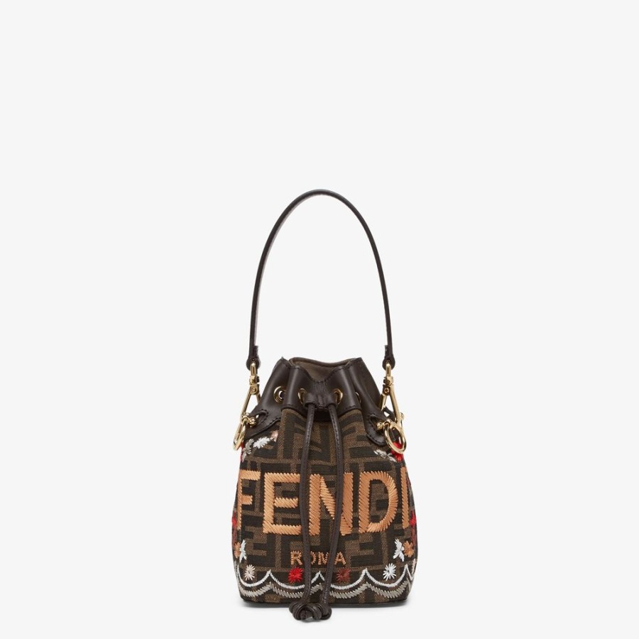 Donna Fendi Borse Mini | Minibag In Tessuto Ff Jacquard Marrone Con Ricamo