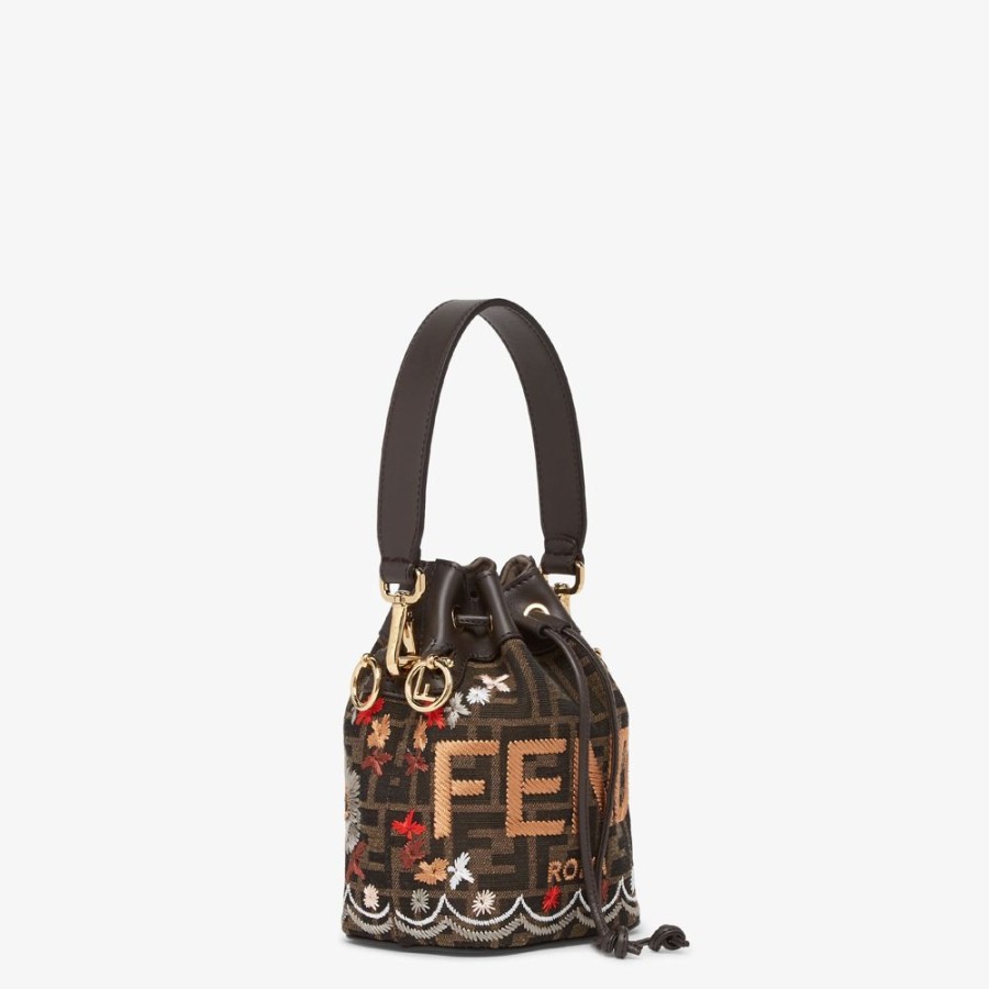 Donna Fendi Borse Mini | Minibag In Tessuto Ff Jacquard Marrone Con Ricamo