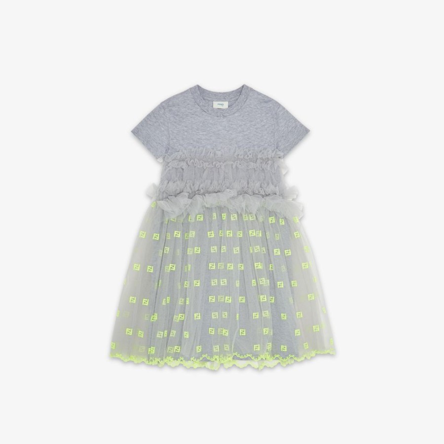 Bambini Fendi Abbigliamento | Abito Junior In Jersey E Tulle Grigio E Giallo Fluo