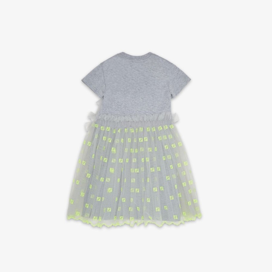 Bambini Fendi Abbigliamento | Abito Junior In Jersey E Tulle Grigio E Giallo Fluo