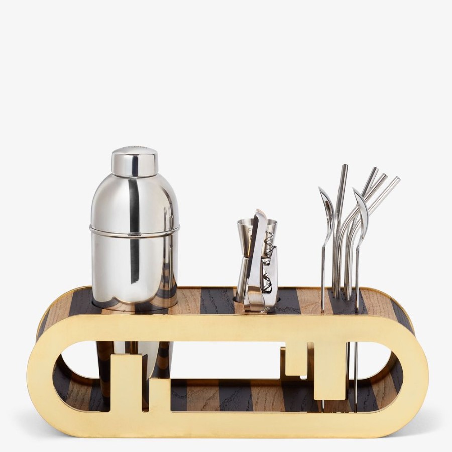 Home Decor E Lifestyle Fendi Accessori Per La Tavola | Kit Bar In Legno Pequin E Metallo Color Oro