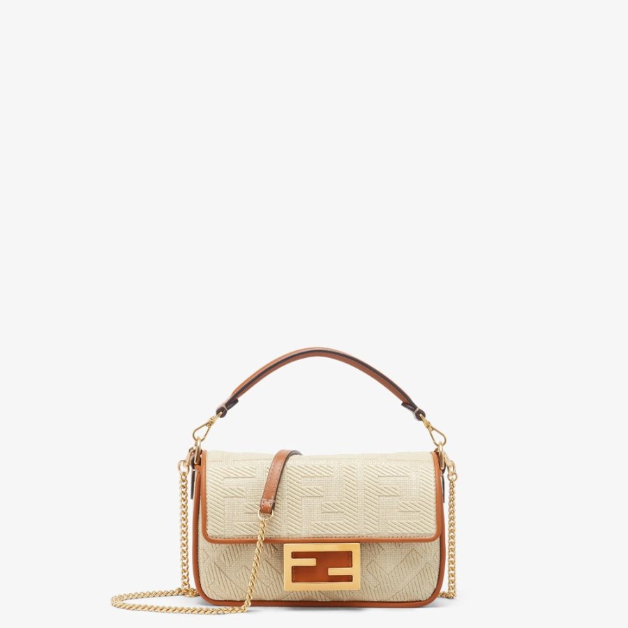 Donna Fendi Borse Mini | Borsa In Paglia Naturale Con Ricamo Ff