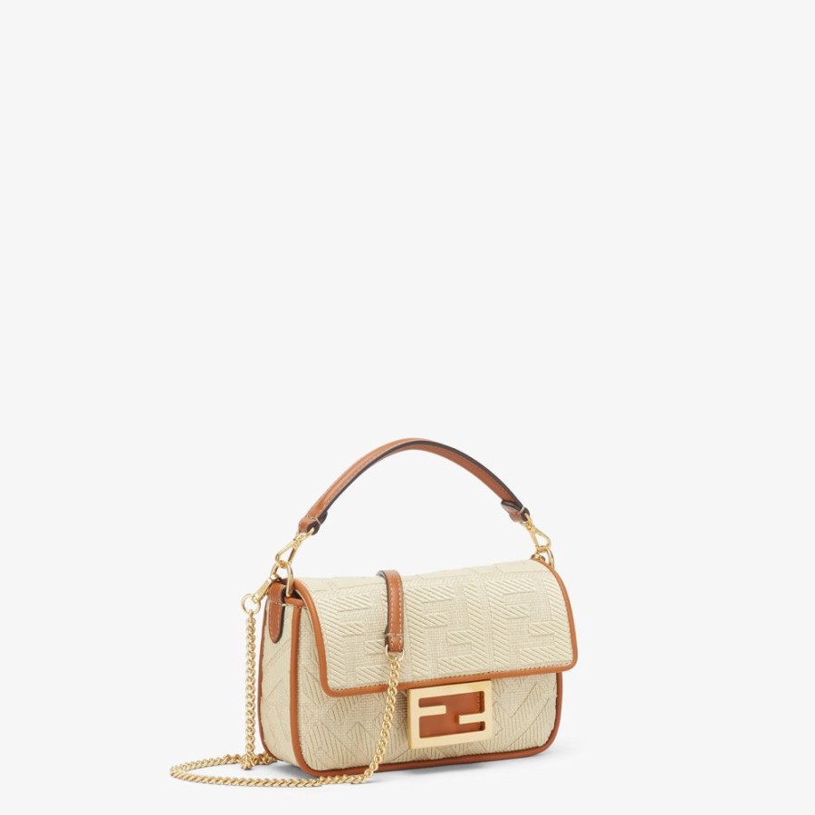 Donna Fendi Borse Mini | Borsa In Paglia Naturale Con Ricamo Ff