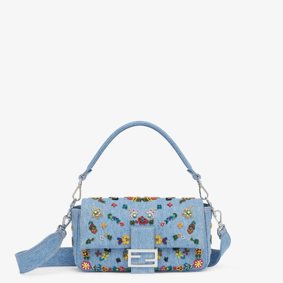 Donna Fendi Borse A Spalla E Tracolle | Borsa Re-Edition In Denim Con Ricami Floreali