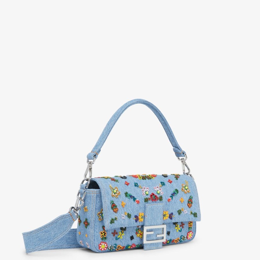 Donna Fendi Borse A Spalla E Tracolle | Borsa Re-Edition In Denim Con Ricami Floreali