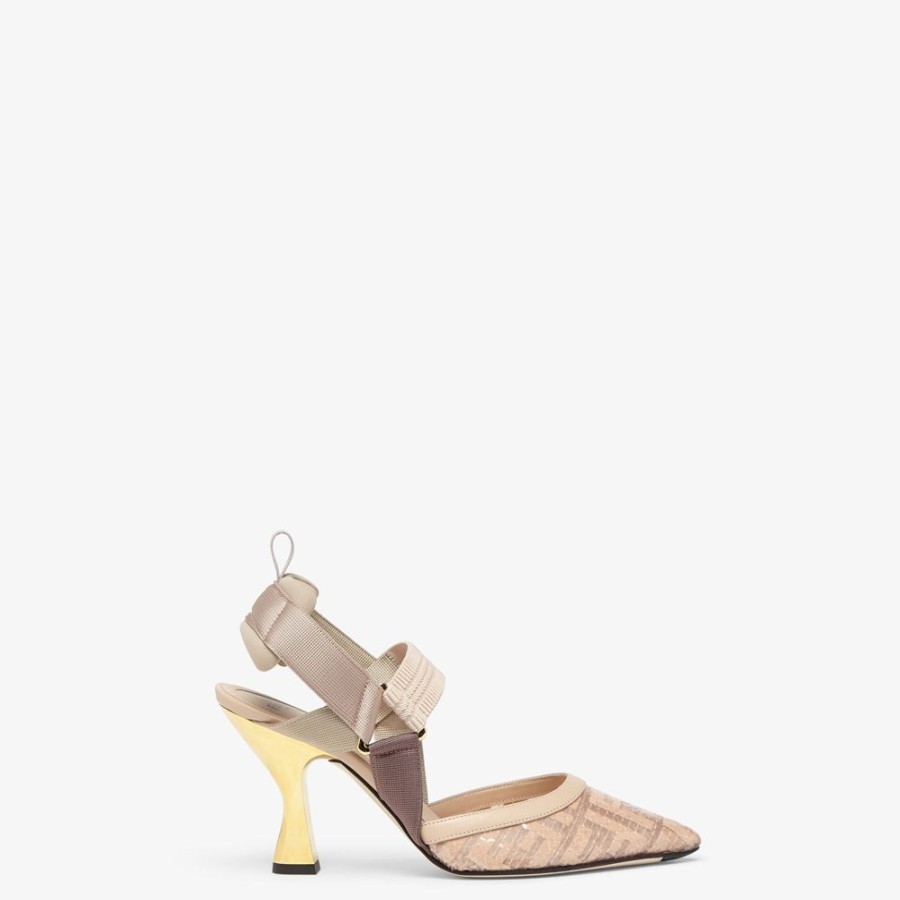 Donna Fendi Decollete | Slingback Tacco Alto In Rete Rosa