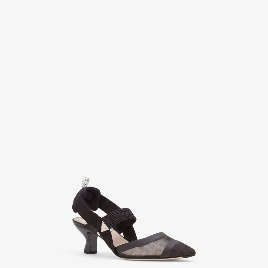 Donna Fendi Decollete | Slingback Tacco Medio In Rete E Pelle Nera