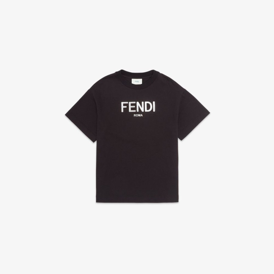 Bambini Fendi Abbigliamento | T-Shirt Junior In Jersey Nero E Stampa Argento