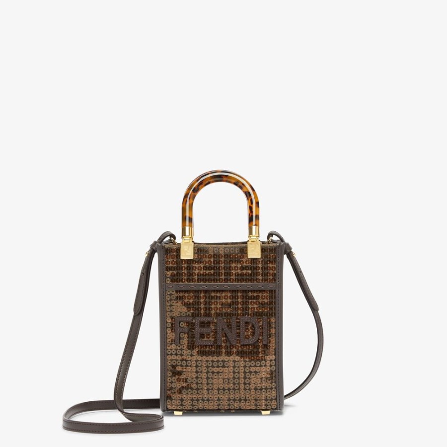 Donna Fendi Borse Mini | Minibag In Tessuto Ff Jacquard Marrone Con Paillette