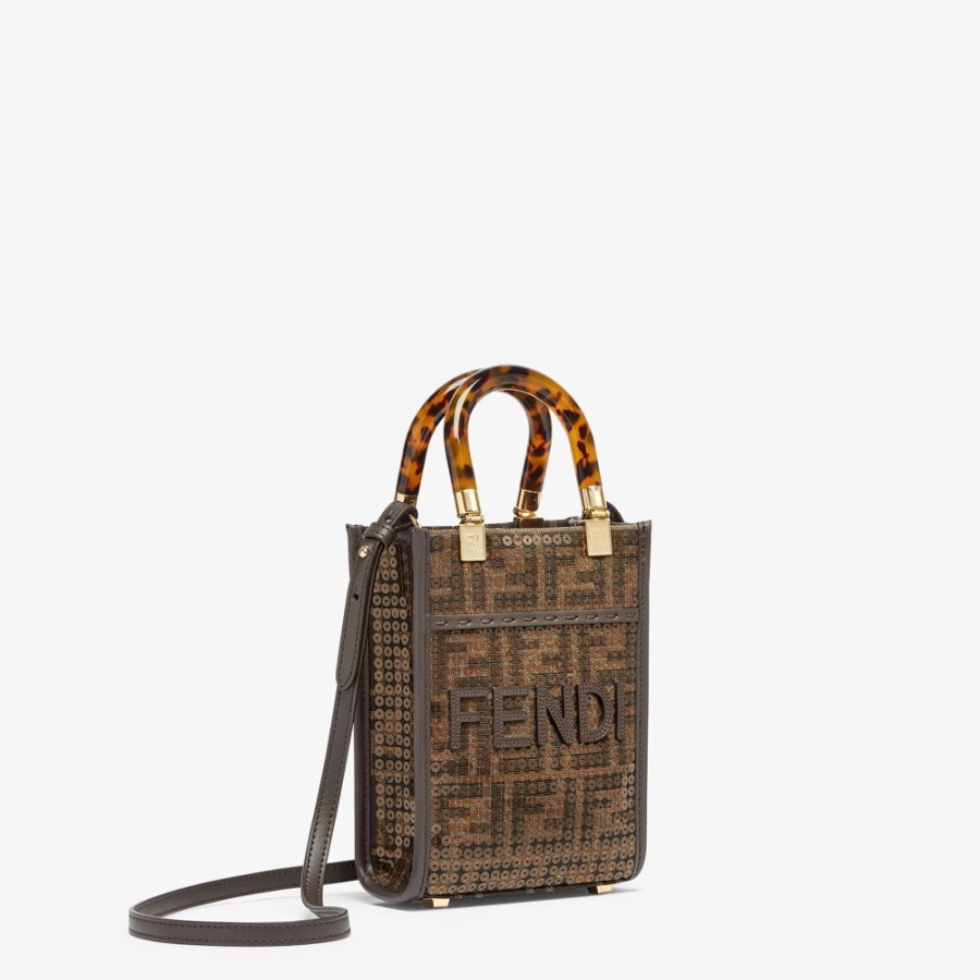 Donna Fendi Borse Mini | Minibag In Tessuto Ff Jacquard Marrone Con Paillette