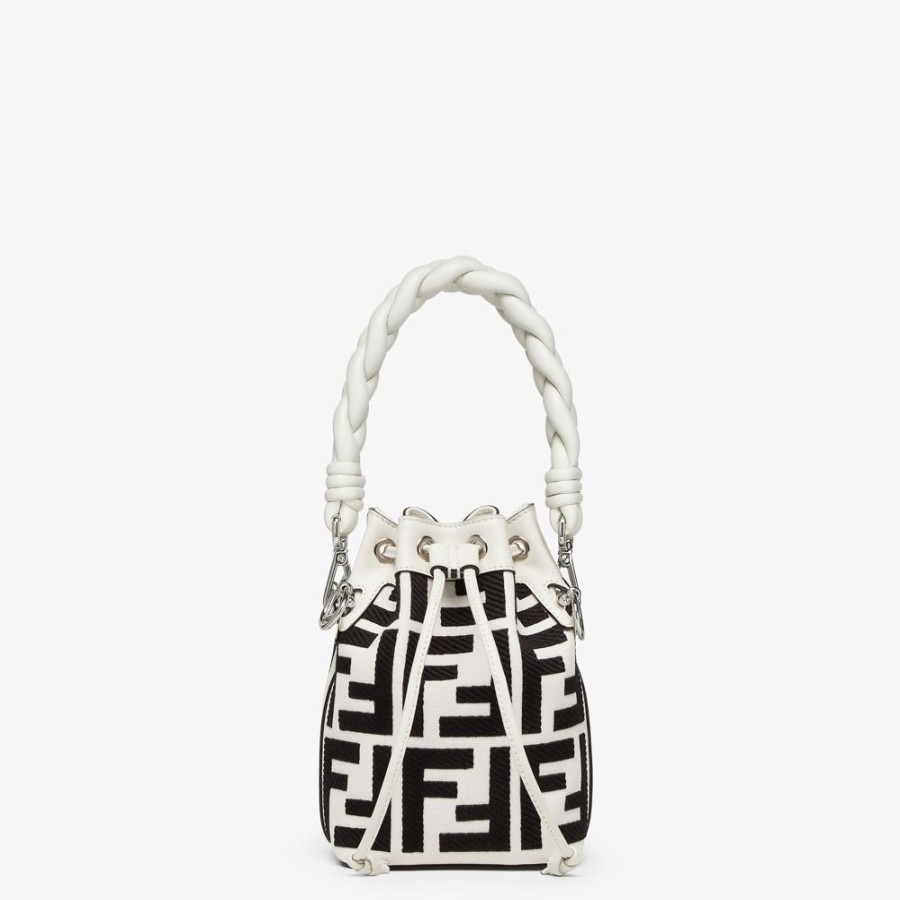 Donna Fendi Borse Mini | Mini Borsa In Canvas Bianca E Nera Con Ricamo Ff