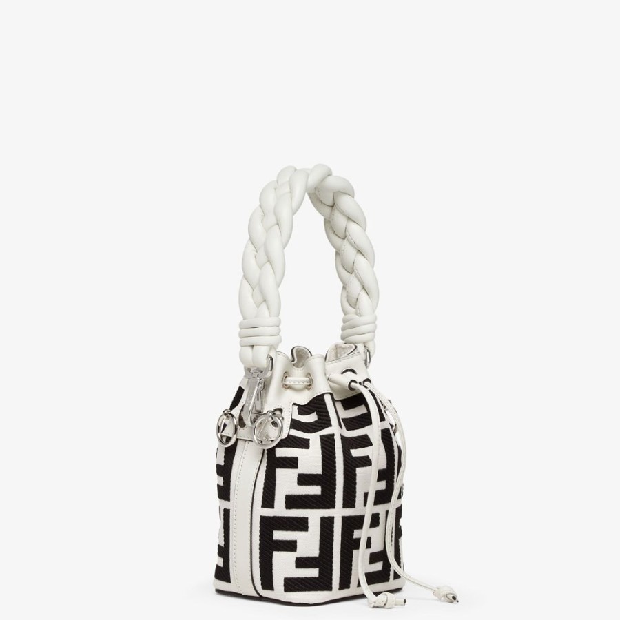 Donna Fendi Borse Mini | Mini Borsa In Canvas Bianca E Nera Con Ricamo Ff