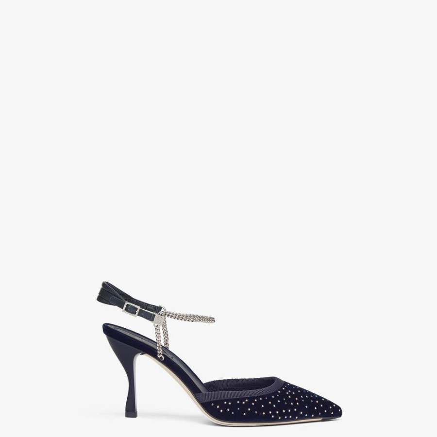 Donna Fendi Decollete | Slingback Tacco Alto In Velluto Blu