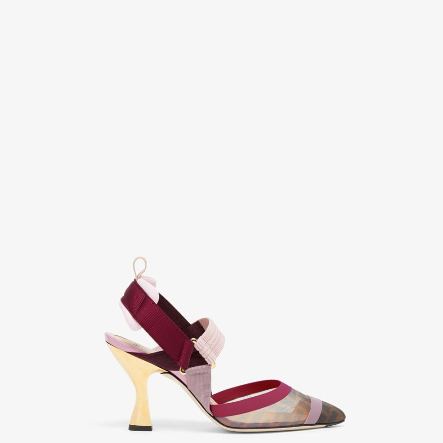 Donna Fendi Decollete | Slingback Tacco Alto In Rete Marrone