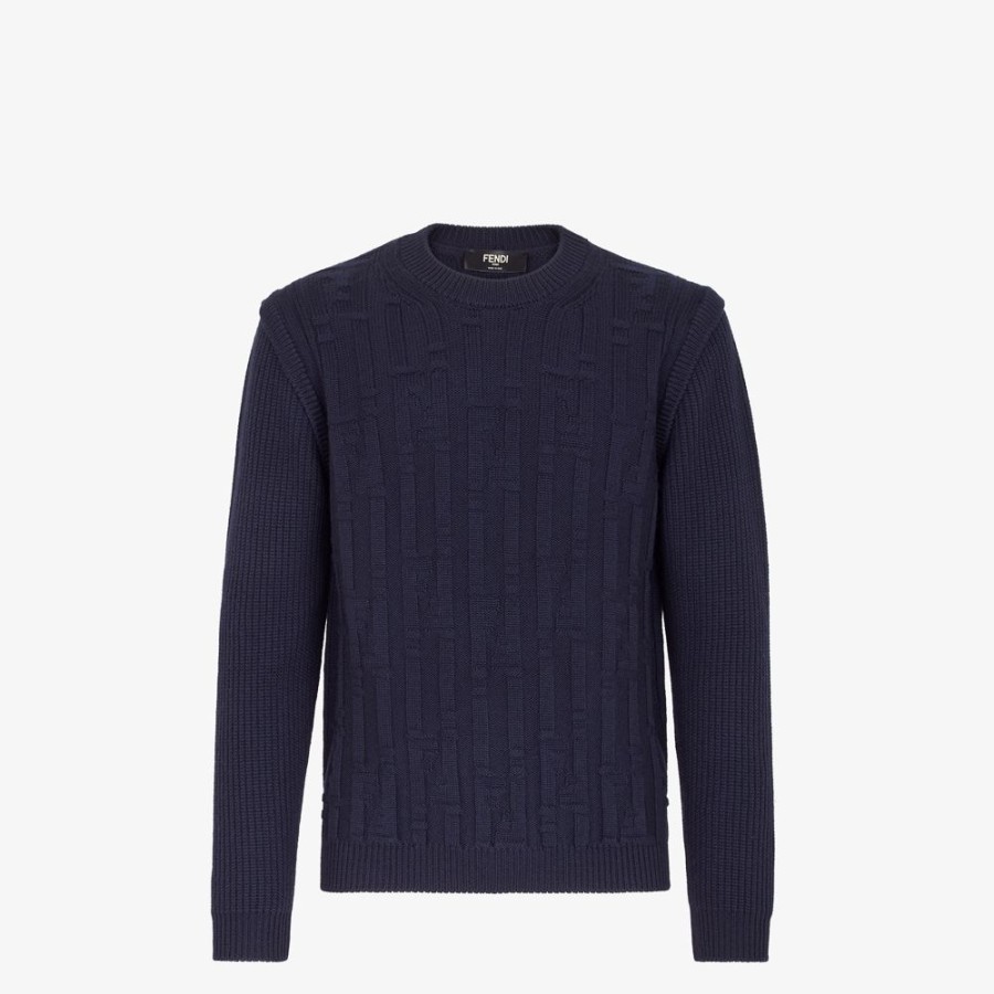 Uomo Fendi Maglieria | Pullover In Lana Blu