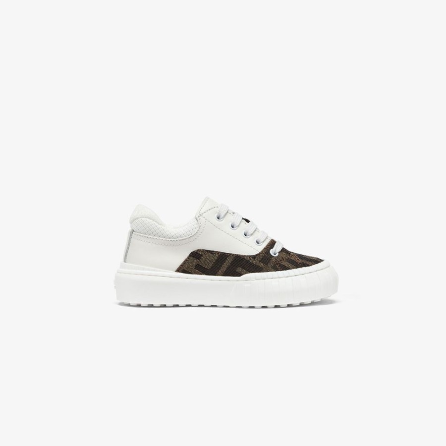 Bambini Fendi Scarpe | Sneaker Primi Passi In Pelle Bianca E Tessuto Con Logo Fendi