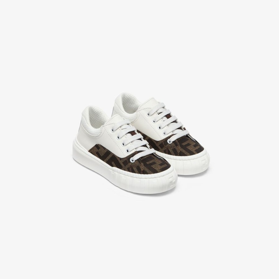 Bambini Fendi Scarpe | Sneaker Primi Passi In Pelle Bianca E Tessuto Con Logo Fendi