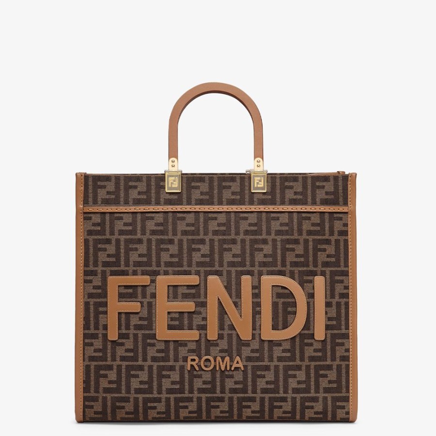 Donna Fendi Timeless | Shopper In Tessuto Jacquard Ff Marrone